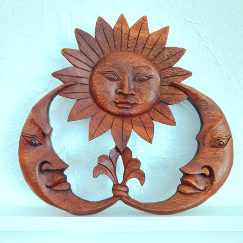 Sun and Two Moons wood hand carved wall décor