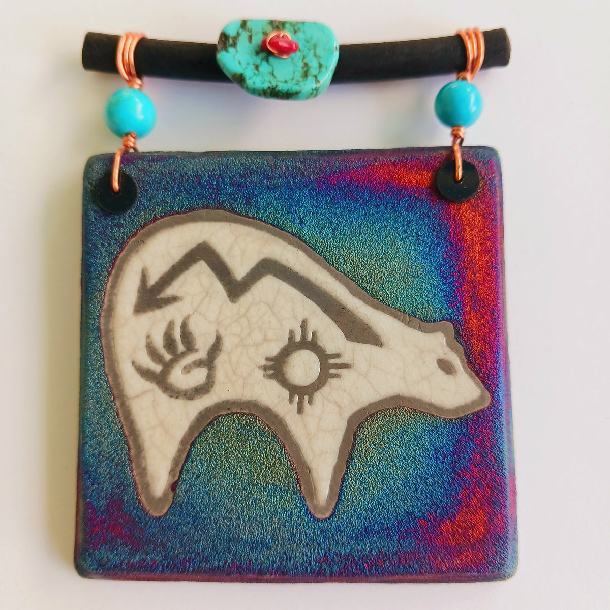 Raku Mini Dreamcatcher Tile Zuni Fetish Bear Glazed with Turquoise