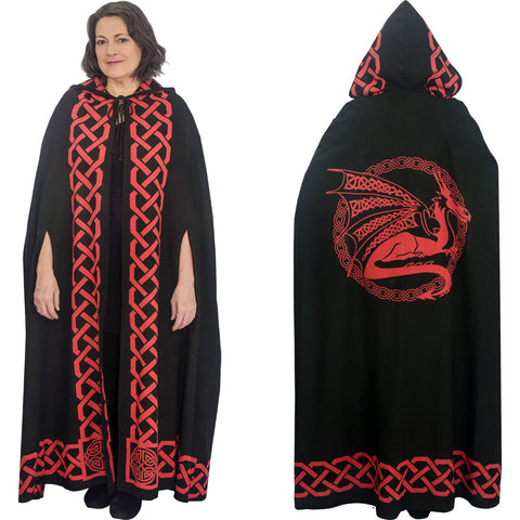 Cotton Cloak Hoodie Black with Red Dragon and Celtic knots