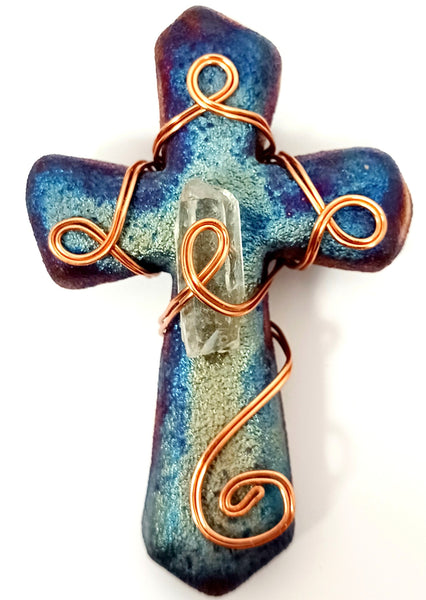 Raku Cross Mini Figurine Glazed Copper Spiral Wrapped with Crystal 2.5"
