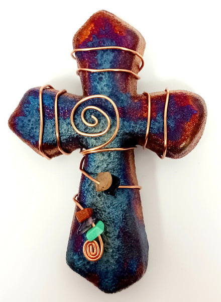 Raku Cross Mini Figurine Glazed Copper Wrapped Beads 2.5"
