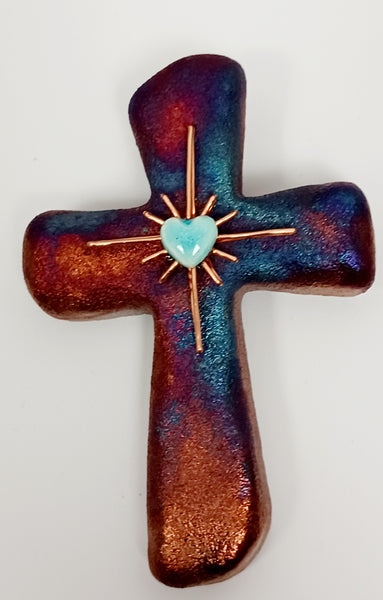 Raku Cross Mini Figurine Glazed Heart Copper Star 2.5"