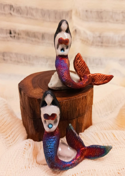 Raku Mermaid Spirit Friends Mini Figurine Glazed Raku Pottery 2"