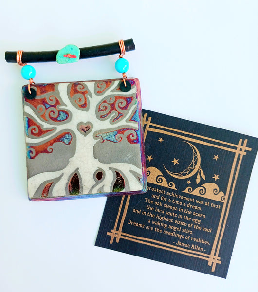 Raku Mini Dreamcatcher Tile Tree of Life Glazed with Turquoise and Copper 3"
