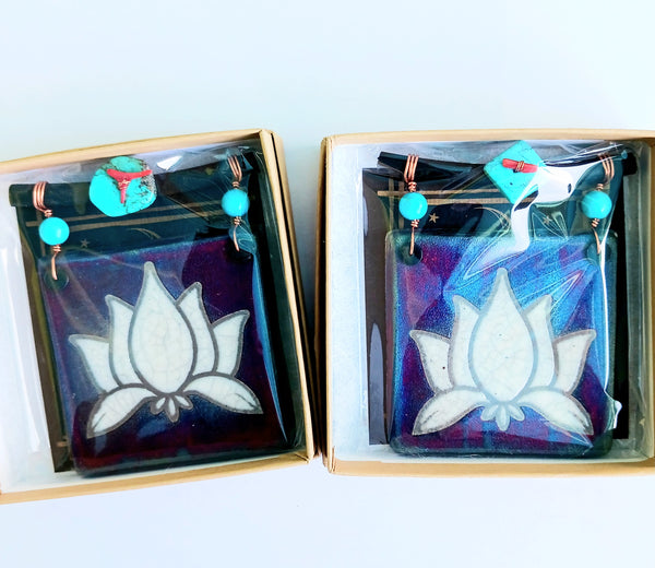 Raku Mini Dreamcatcher Tile Lotus Flower Glazed with Turquoise and Copper 3"