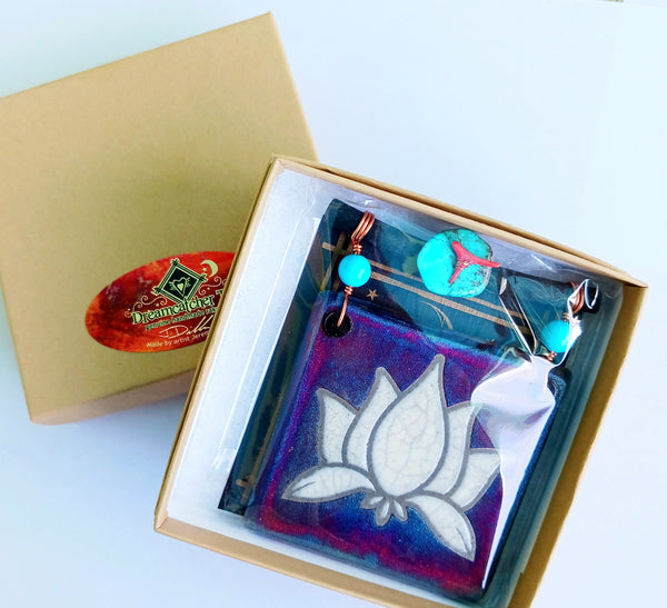 Raku Mini Dreamcatcher Tile Lotus Flower Glazed with Turquoise and Copper 3"