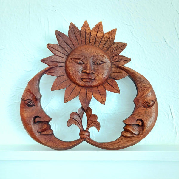Sun and Two Moons wood hand carved wall décor