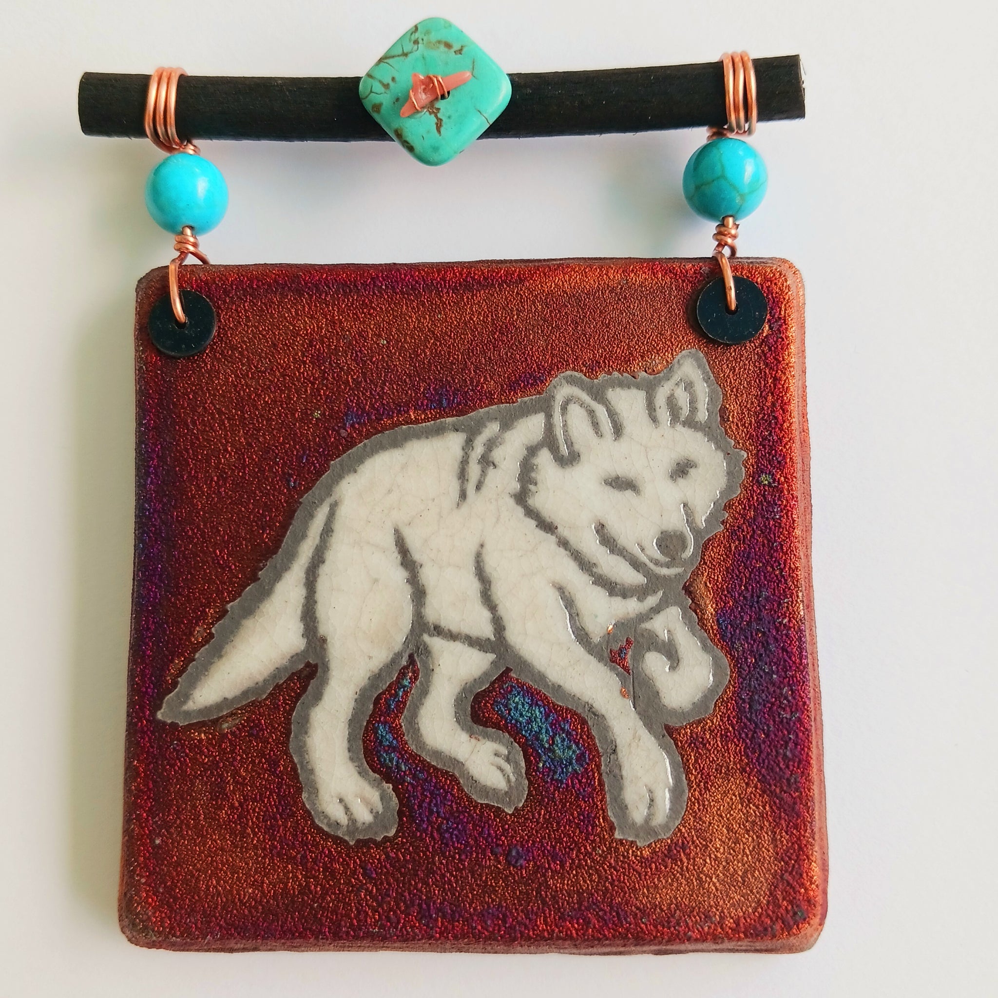 Raku Mini Dreamcatcher Tile Wolf with Turquoise and Copper 3"
