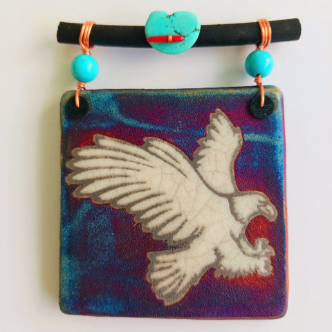 Raku Mini Dreamcatcher Tile Eagle Glazed with Turquoise and Copper 3"