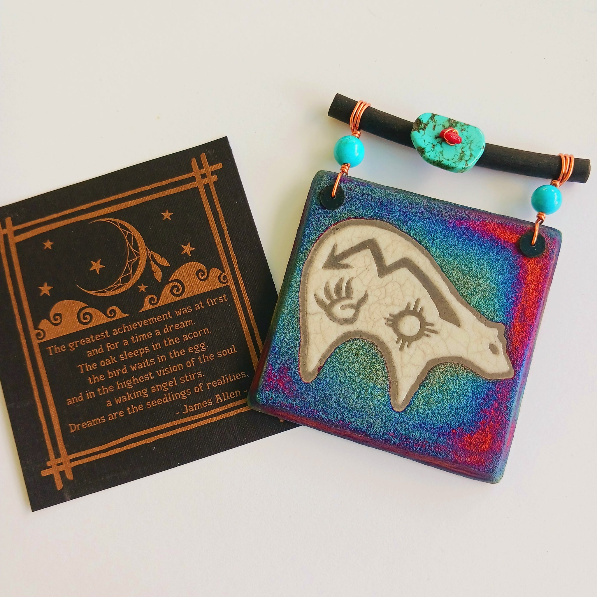 Raku Mini Dreamcatcher Tile Zuni Fetish Bear Glazed with Turquoise