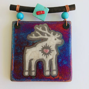 Raku Mini Dreamcatcher Tile Heart Moose Glazed with Turquoise and Copper 3"