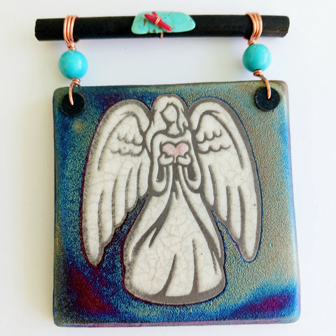 Raku Mini Dreamcatcher Tile Heart Angel Glazed with Turquoise and Copper 3"