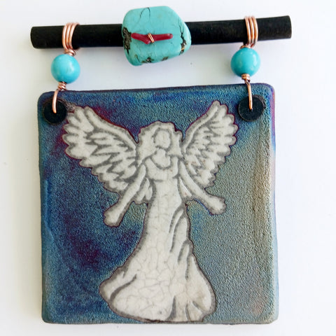 Raku Mini Dreamcatcher Tile Angel Glazed with Turquoise and Copper 3"