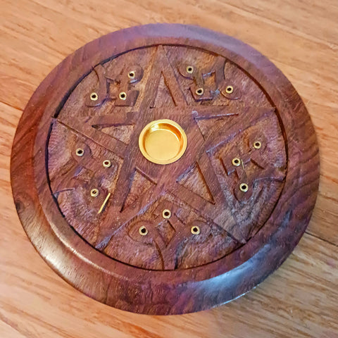 Pentagram Incense Holder Cone Burner wooden Pentacle round 5"