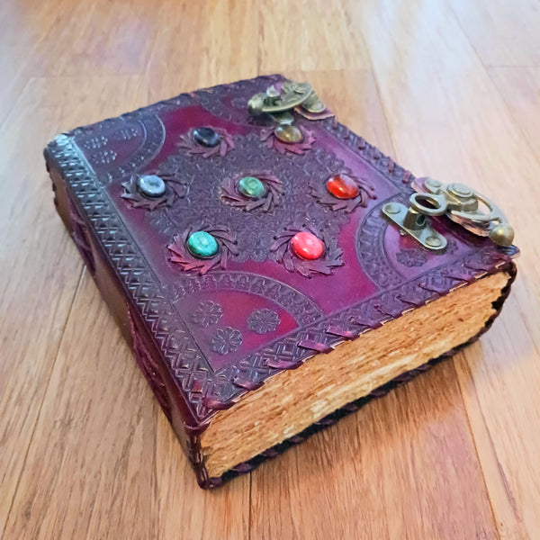 Seven Chakra Stones Leather Journal with recycled paper hand crafted Notebook