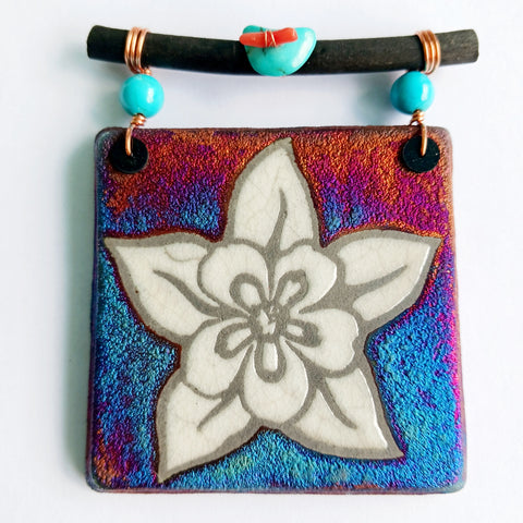 Raku Mini Dreamcatcher Tile Flower with Turquoise and Copper 3"