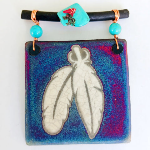 Raku Mini Dreamcatcher Tile Feathers with Turquoise and Copper 3"