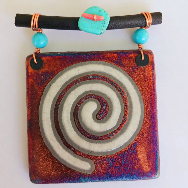 Raku Mini Dreamcatcher Tile Spiral Silhouette with Turquoise and Copper 3"