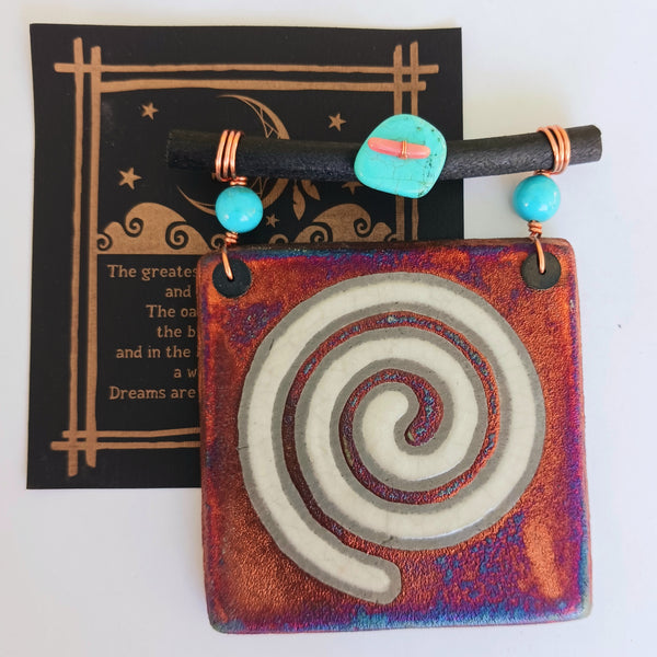 Raku Mini Dreamcatcher Tile Spiral Silhouette with Turquoise and Copper 3"