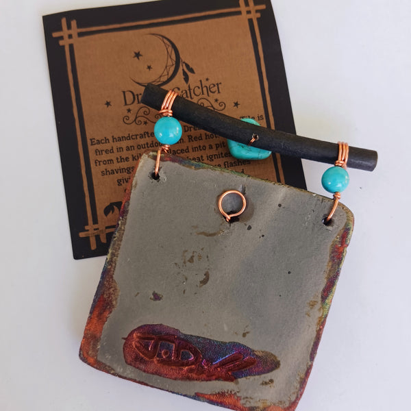 Raku Mini Dreamcatcher Tile Spiral Silhouette with Turquoise and Copper 3"