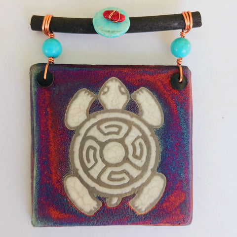 Raku Mini Dreamcatcher Tile Tortoise with Turquoise and Copper 3"