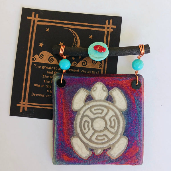 Raku Mini Dreamcatcher Tile Tortoise with Turquoise and Copper 3"