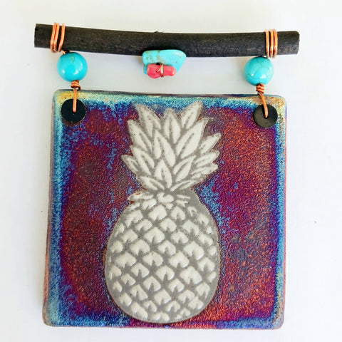 Raku Mini Dreamcatcher Tile Pineapple with Turquoise and Copper 3"