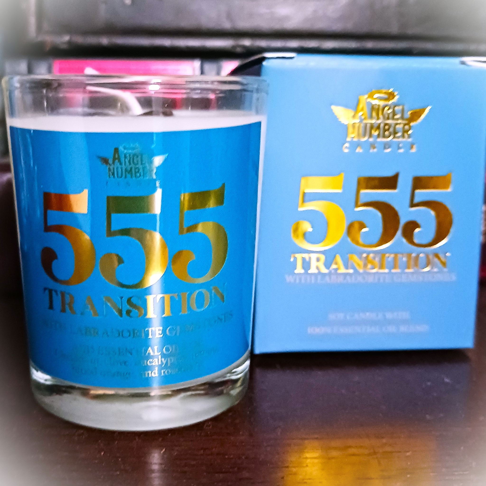 Angel Number Candle 555 Transition with Labradorite Gemstones