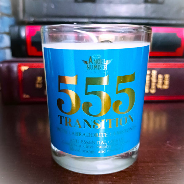 Angel Number Candle 555 Transition with Labradorite Gemstones