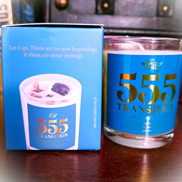 Angel Number Candle 555 Transition with Labradorite Gemstones
