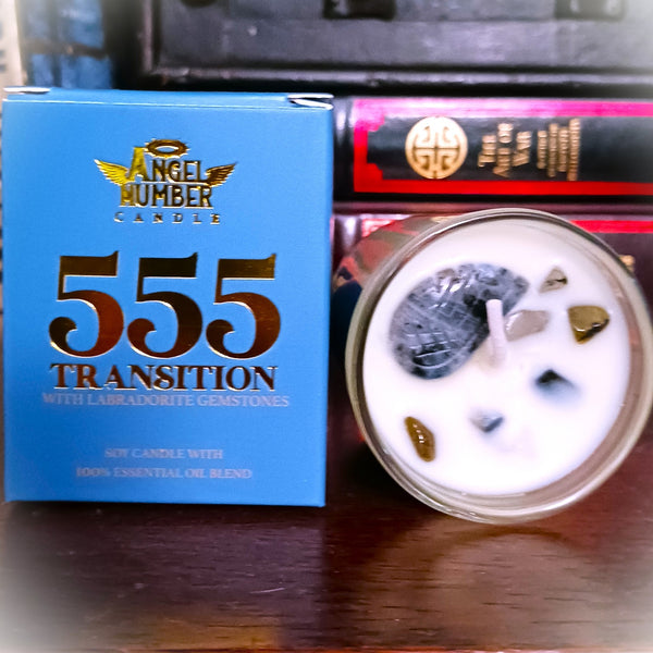 Angel Number Candle 555 Transition with Labradorite Gemstones