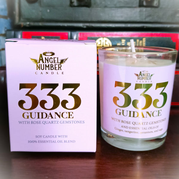 Angel Number Candle 333 Guidance with Rose Quartz Gemstones
