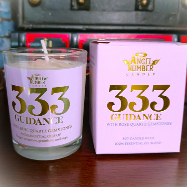 Angel Number Candle 333 Guidance with Rose Quartz Gemstones