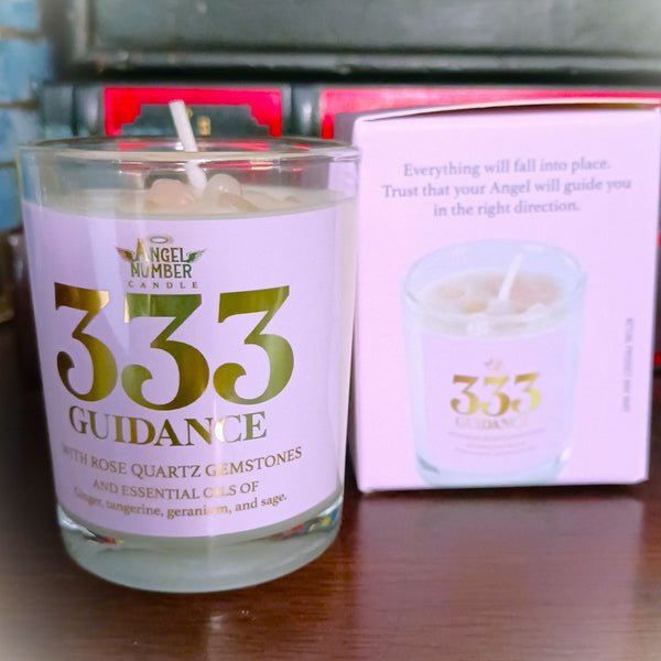 Angel Number Candle 333 Guidance with Rose Quartz Gemstones