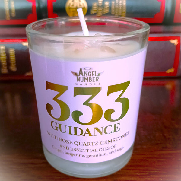 Angel Number Candle 333 Guidance with Rose Quartz Gemstones