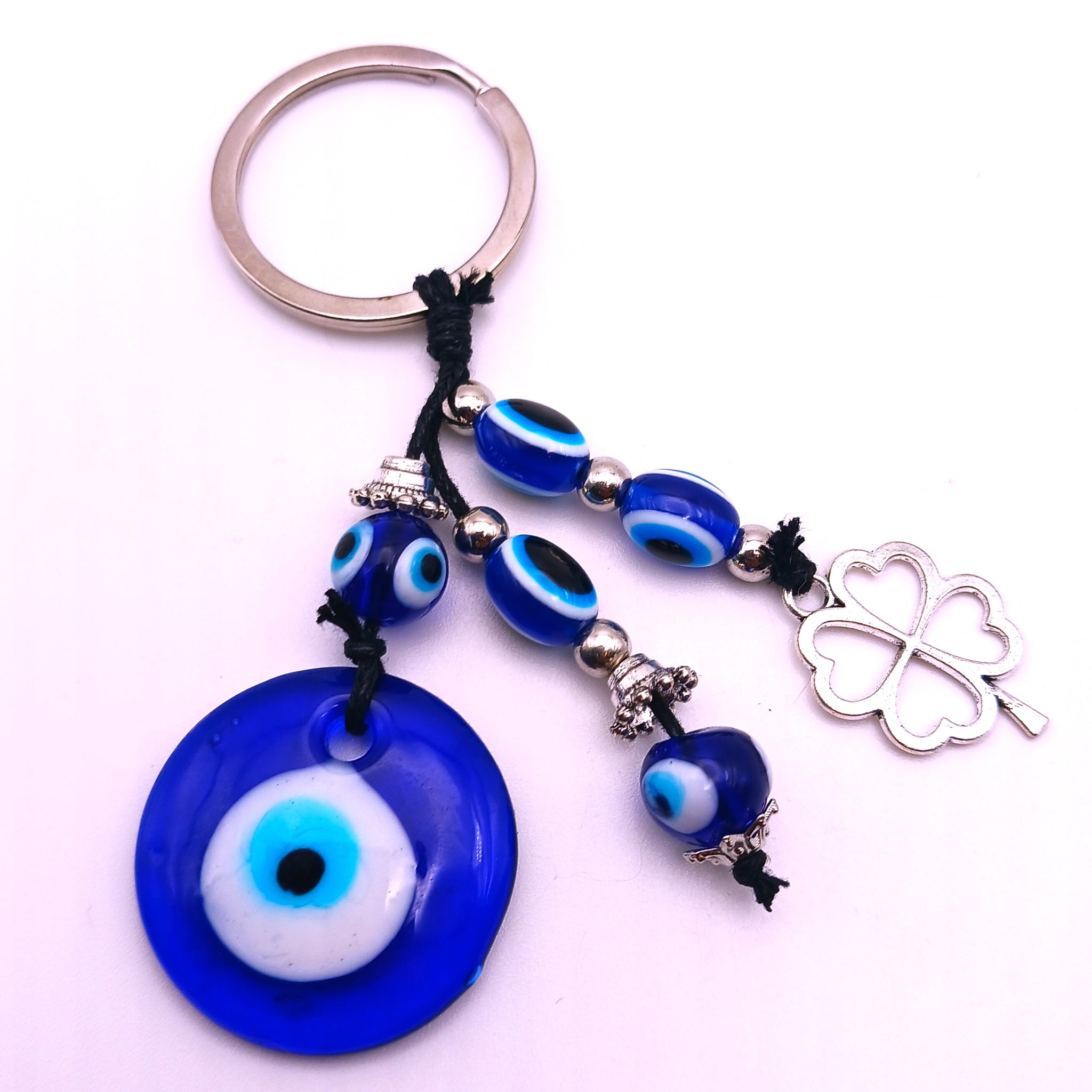 Lucky Evil Eye Keychain Protection Amulet Key Holder with 4 clover leaf