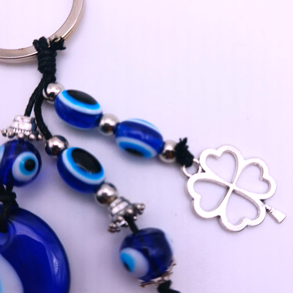 Lucky Evil Eye Keychain Protection Amulet Key Holder with 4 clover leaf