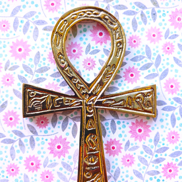 Egyptian Brass Ankh Key of Life Engraved Hieroglyphics Decoration Small