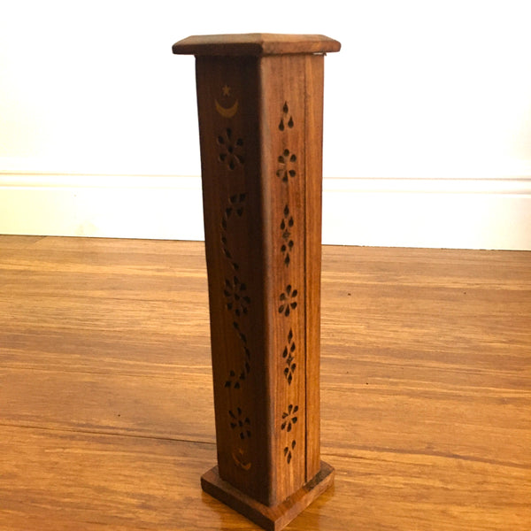 Moon and Star Tower Incense Burner Wood 12"