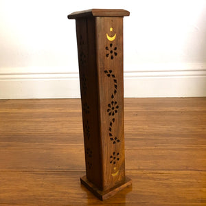 Moon and Star Tower Incense Burner Wood 12"