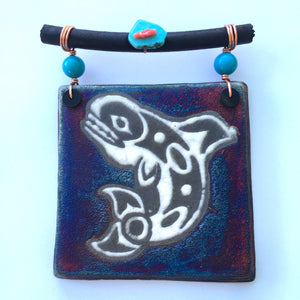 Raku Mini Dreamcatcher Tile Native Orca Glazed with Turquoise and Copper 3"