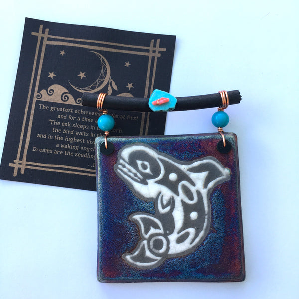 Raku Mini Dreamcatcher Tile Native Orca Glazed with Turquoise and Copper 3"