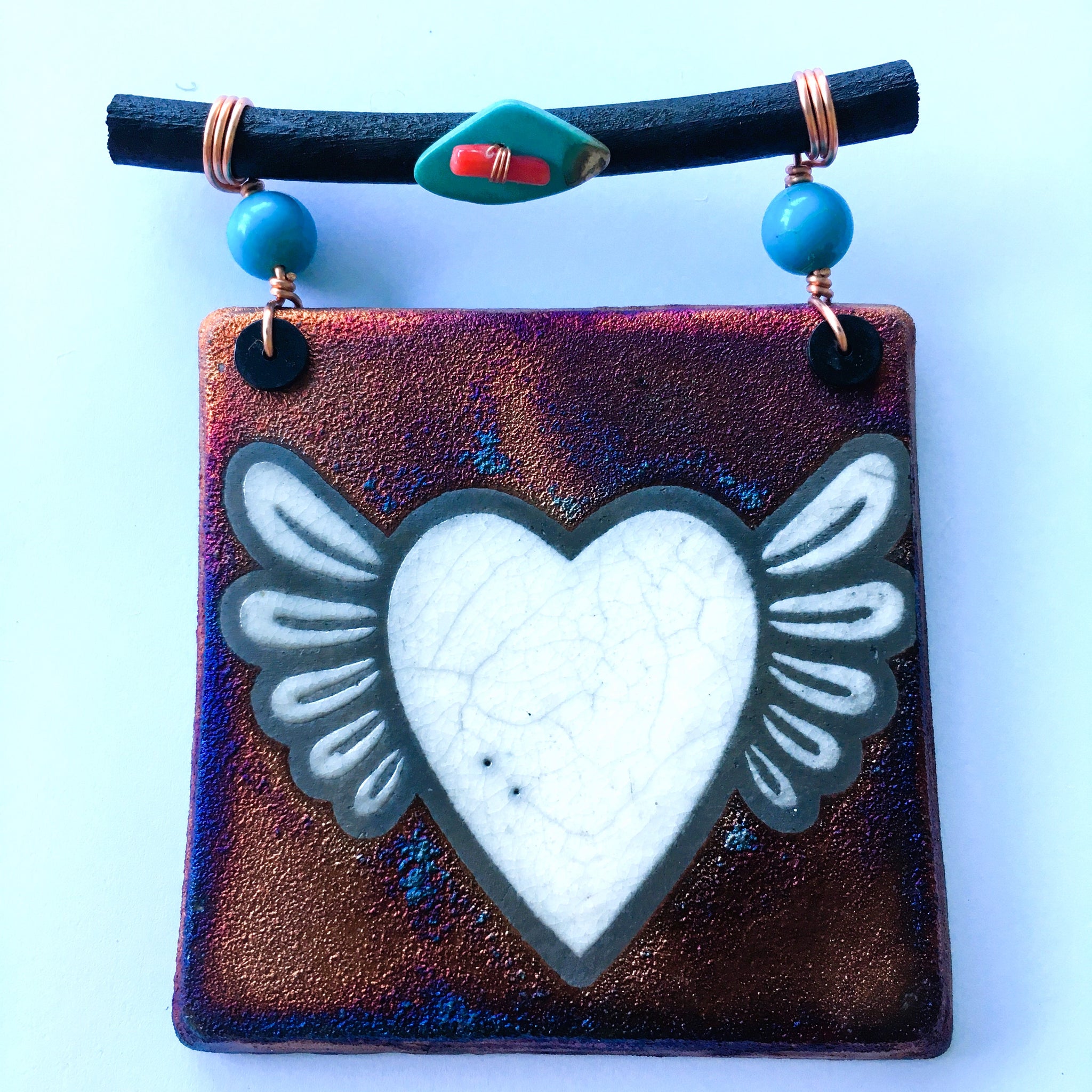 Raku Mini Dreamcatcher Tile Heart with Wings Glazed with Turquoise and Copper 3"