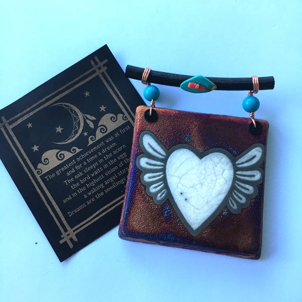 Raku Mini Dreamcatcher Tile Heart with Wings Glazed with Turquoise and Copper 3"