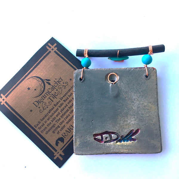 Raku Mini Dreamcatcher Tile Heart with Wings Glazed with Turquoise and Copper 3"