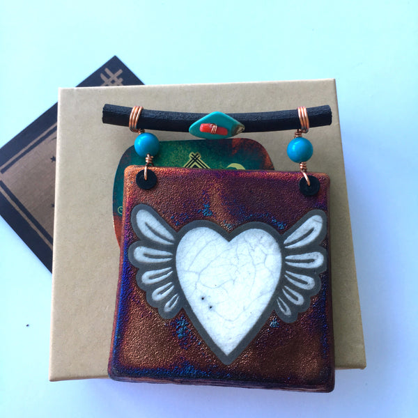 Raku Mini Dreamcatcher Tile Heart with Wings Glazed with Turquoise and Copper 3"