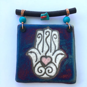 Raku Mini Dreamcatcher Tile Hamsa Heart Hand Glazed with Turquoise and Copper 3"