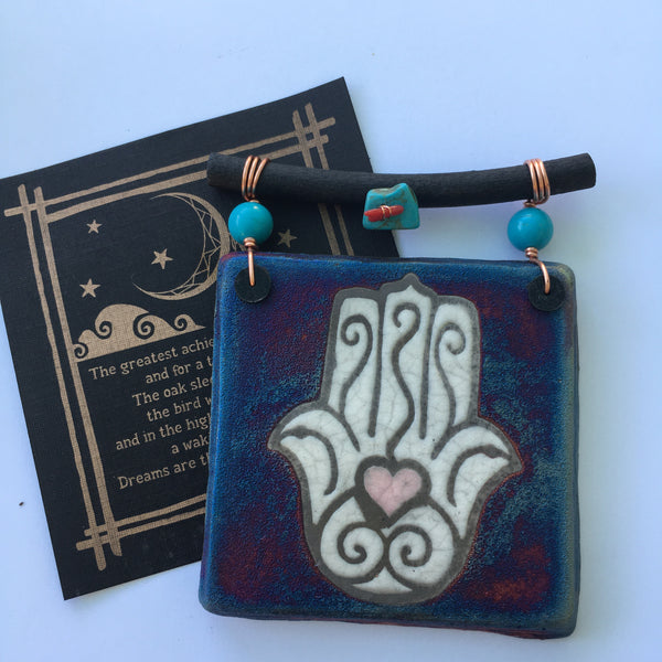 Raku Mini Dreamcatcher Tile Hamsa Heart Hand Glazed with Turquoise and Copper 3"