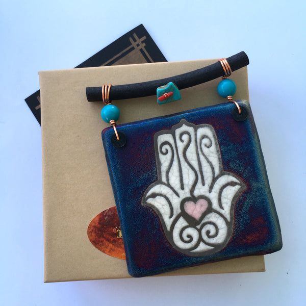 Raku Mini Dreamcatcher Tile Hamsa Heart Hand Glazed with Turquoise and Copper 3"