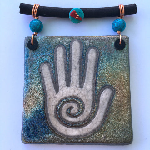Raku Mini Dreamcatcher Tile Healer's Hand Spiral Glazed with Turquoise and Copper 3"